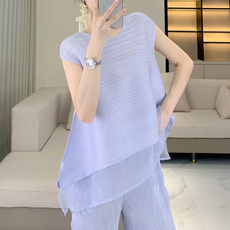 

ALSEY Miyake Fashion Casual Pleated Patchwork T Shirt 2025 Summer New Women's Round Neck Short Sleeve Loose Design Hundred Top
