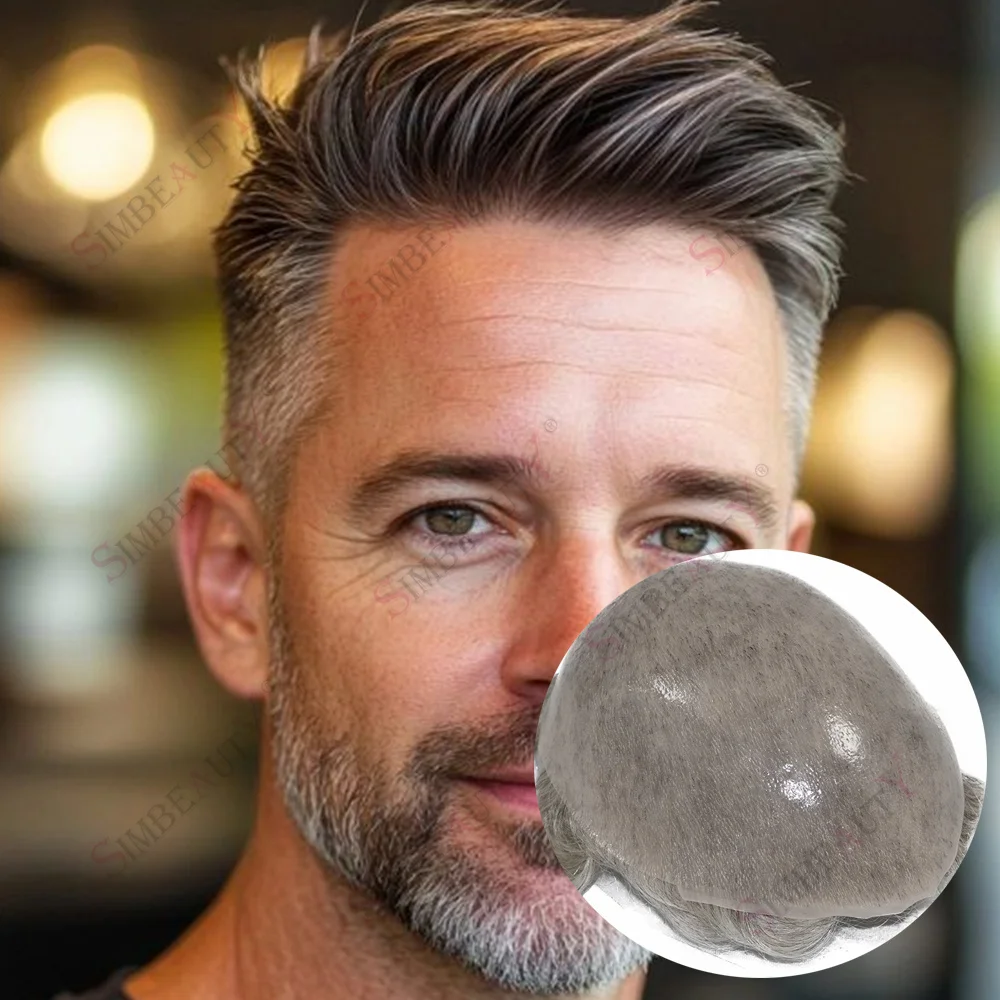 

0.06-0.08mm Undetectable Vloop Micro Thin Skin Natural Hairline MenToupee 1b40 540# Grey Brown 100%Human Hair Replacement System