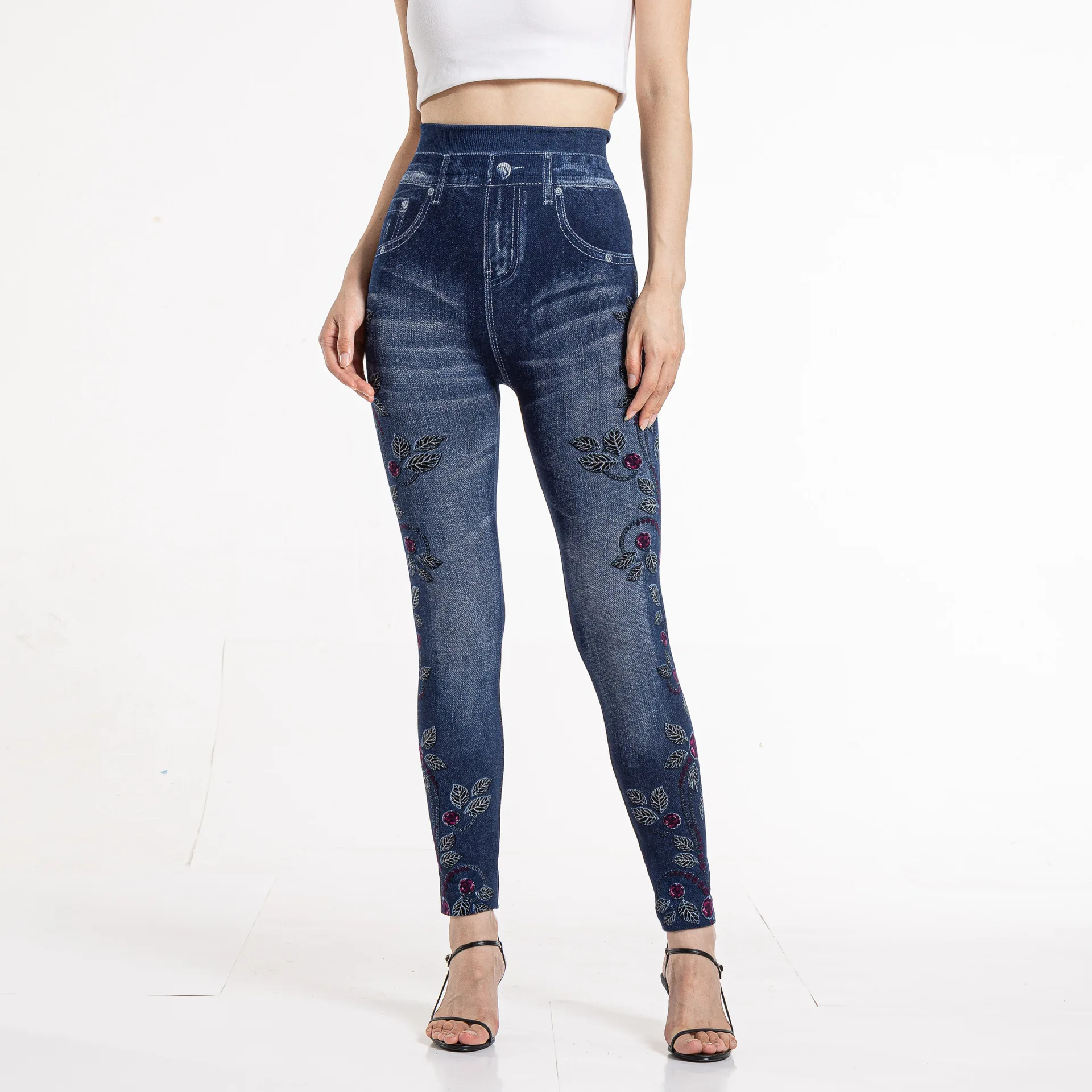 Legging wanita tanpa jahitan celana wanita jegging Print katun seksi gadis rajutan pinggang tinggi Faux Jeans Denim Femme Pantalon Fitness Legging