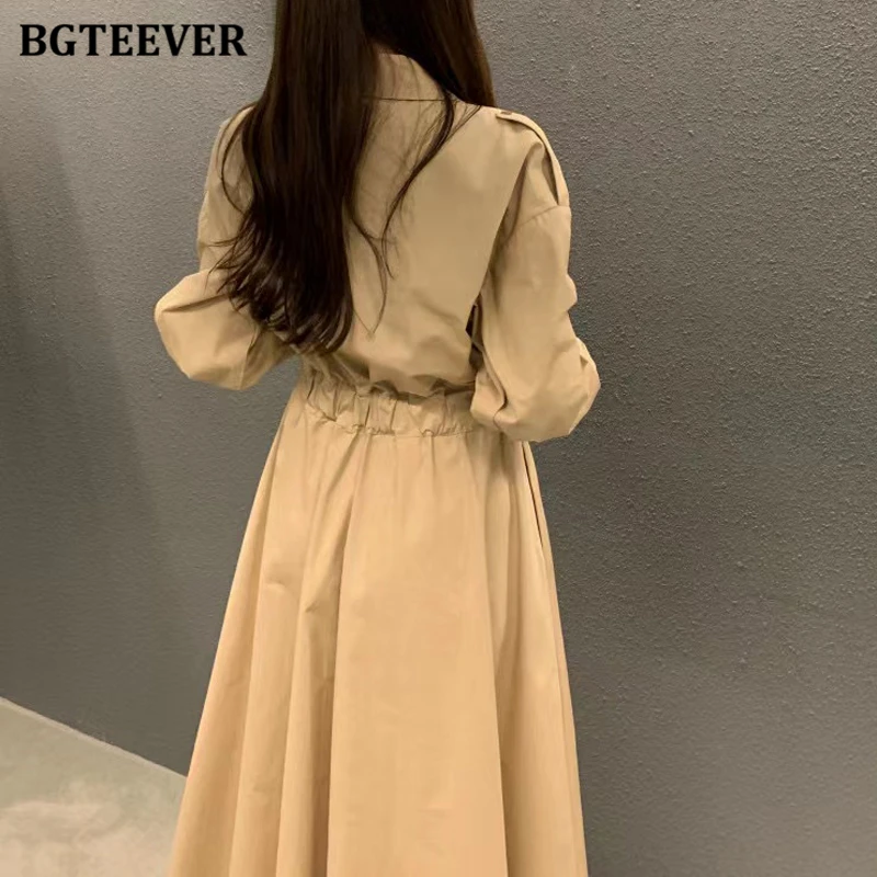 BGTEEVER Spring Vintage Lapel Long Sleeve Female A-line Dress Stylish Elastic Waist Single-breasted Midi Dress for Women