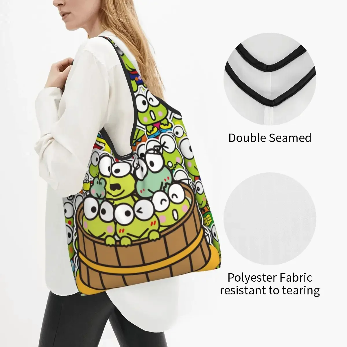 Custom Cartoon Kero Kero Keroppi Sanrio Anime Grocery Shopping Bags Kawaii Shopper Shoulder Tote Bag Portable Handbag