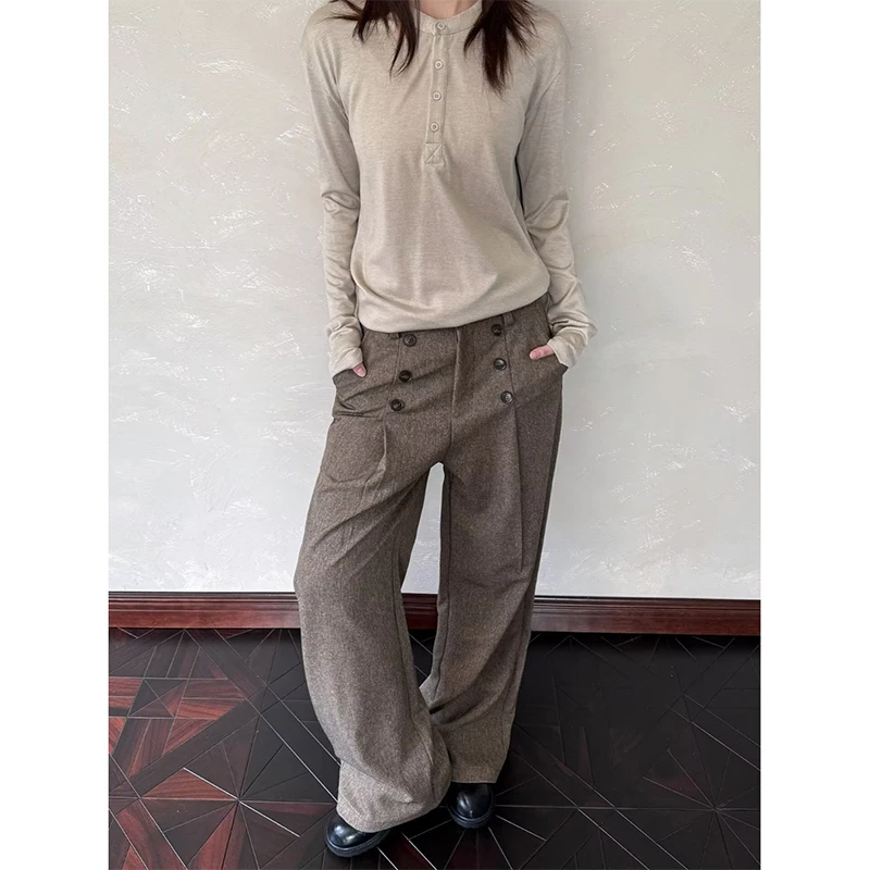 Casual Pants Multi-Button Lazy Artistic Trousers Polyester Fiber Straight Leg 2026 Spring Summer  Youth Fashion Leisure Trousers