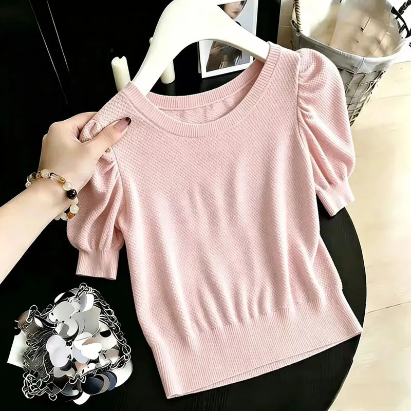 

Knitted Sweater Women Pullovers O-Neck White Knit Sweater Pullover Women Tops Fashion Summer Short Sleeve Sueter Feminino Q4524