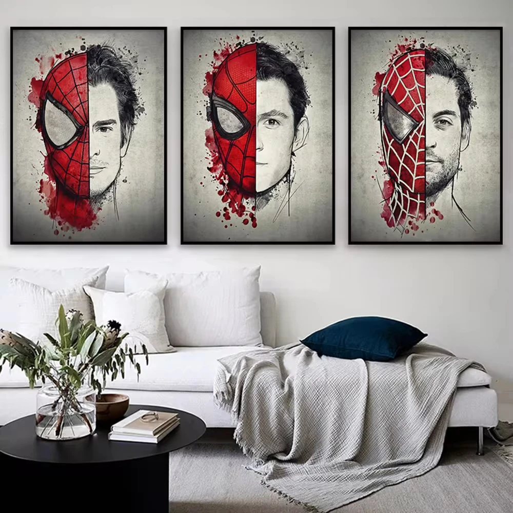 MINISO Disney Movie Marvel SpiderMan Wall Art Posters Hand-Painted Vintage Style Three Actors Home Decor Canvas Paintings Murals