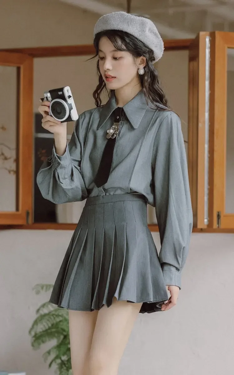 Autumn New Korea Japan Style Jk Set women's Short Suit Jacket White Shirt Short Pleated Skirt Fashion Grey Uniform Set
