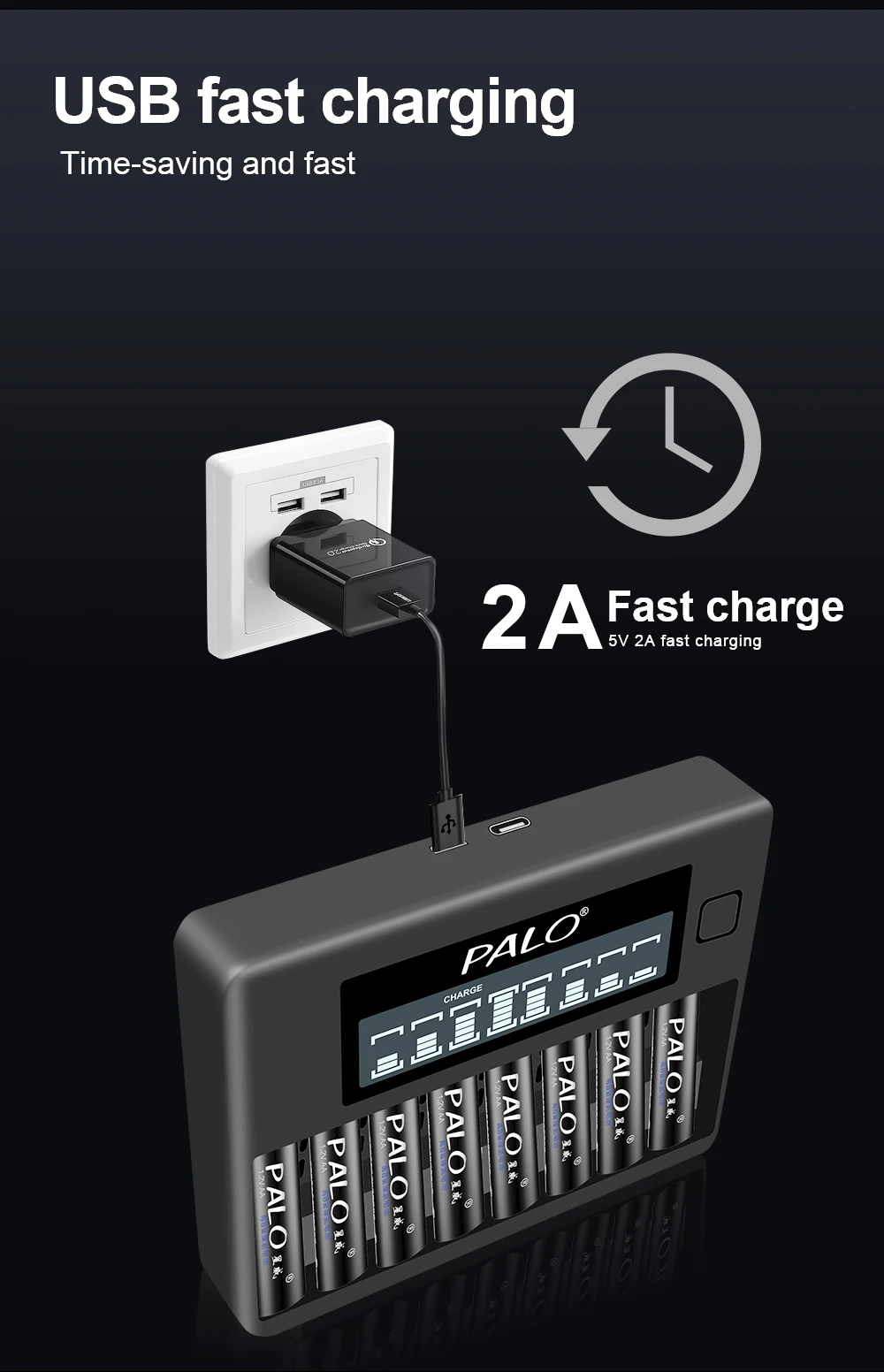 PALO 1,2V AA+AAA Wiederaufladbares Batterieladegerät-Set AA 3000mAh AAA 1100mAh Mit 8-Slot-Ladegerät 4-8 Stück – Detail 4