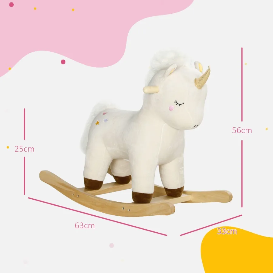 Qaba Rocking Horse Plush Ride on Unicorn with Realistic Sound Wooden Base Toddler Rocking Horse for 24 Years White