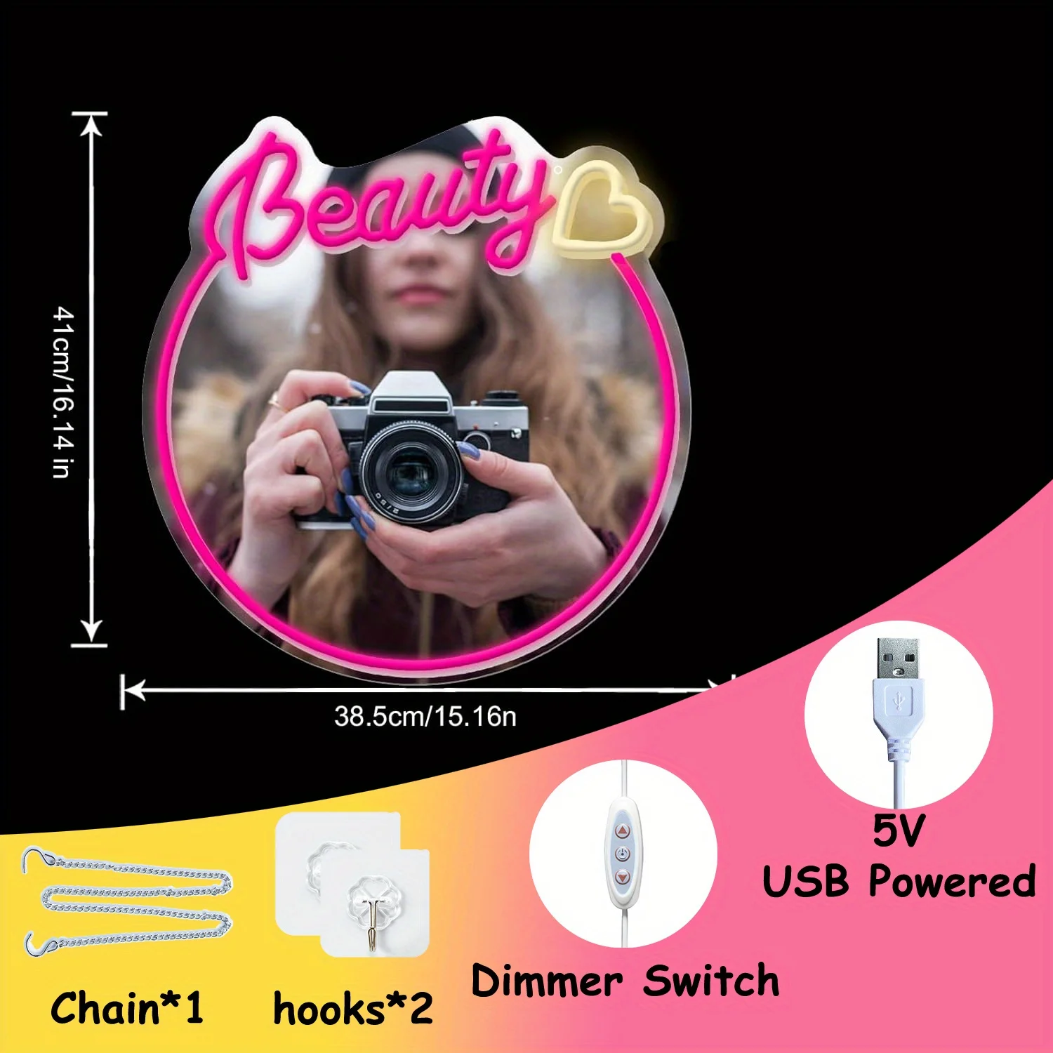 Beauty Mirror Neon, Suitable for dressing room, bedroom, gift scene, USB powered, dimmable switch