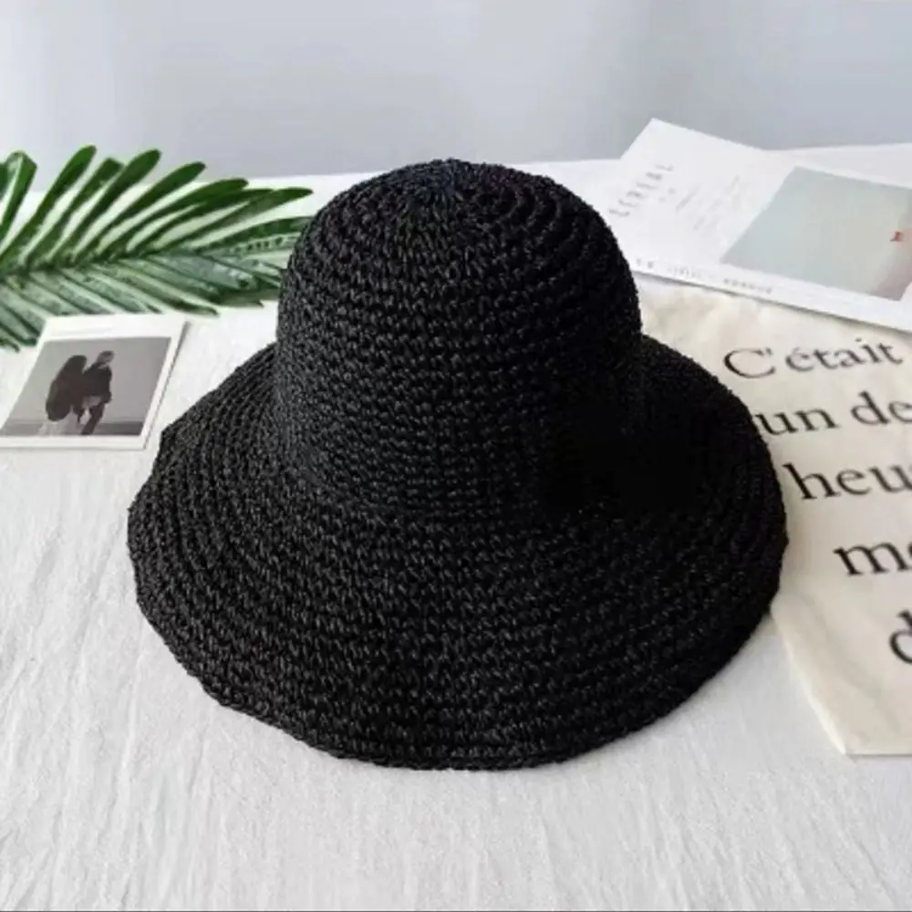 

Breathable Solid Color Beach Sun Hat Korean Style Hiking Cap Crochet Straw Hat Anti-UV Casual Summer Bucket Hat Male