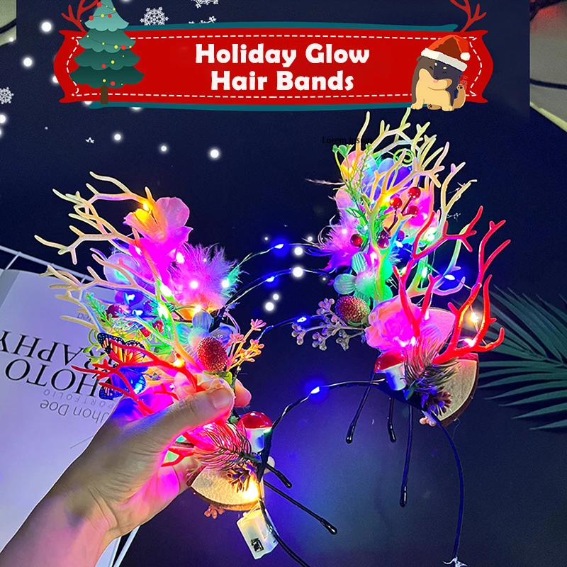 1Pcs Funny Cute Glowing Christmas Hair Accessories Girls Mori Style Glowing Antlers Hair Bands Children's Holiday Dress Up Gift