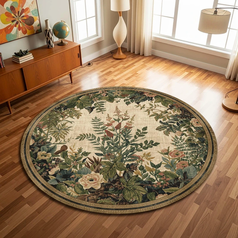 Vintage Forest Botanical Floral print Round Rug,Living Room Sofa,Bedside,Entryway home decor Non Slip Rug souvenir
