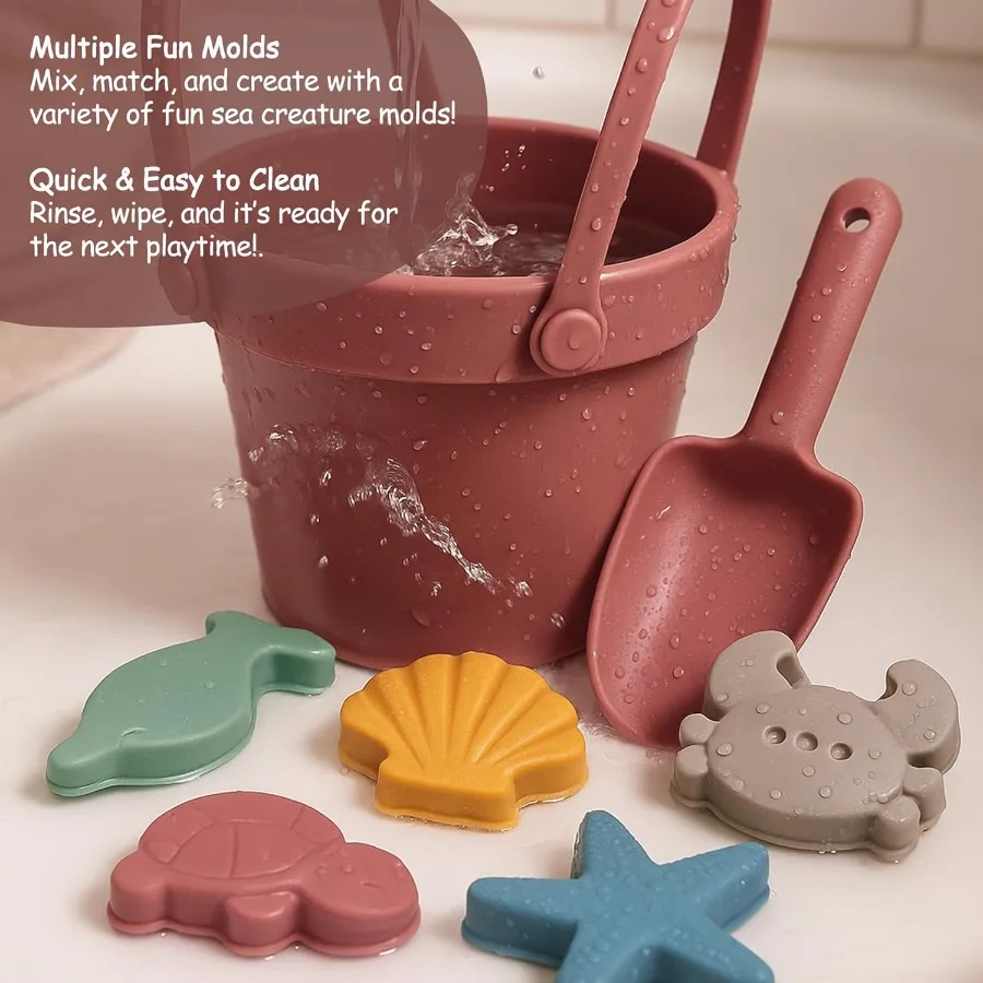 Silicone Beach Toys for Toddlers Travel Friendly Sand Toys for Babies 612 Months Collapsible Beach Bucket and Shovel Set with 6