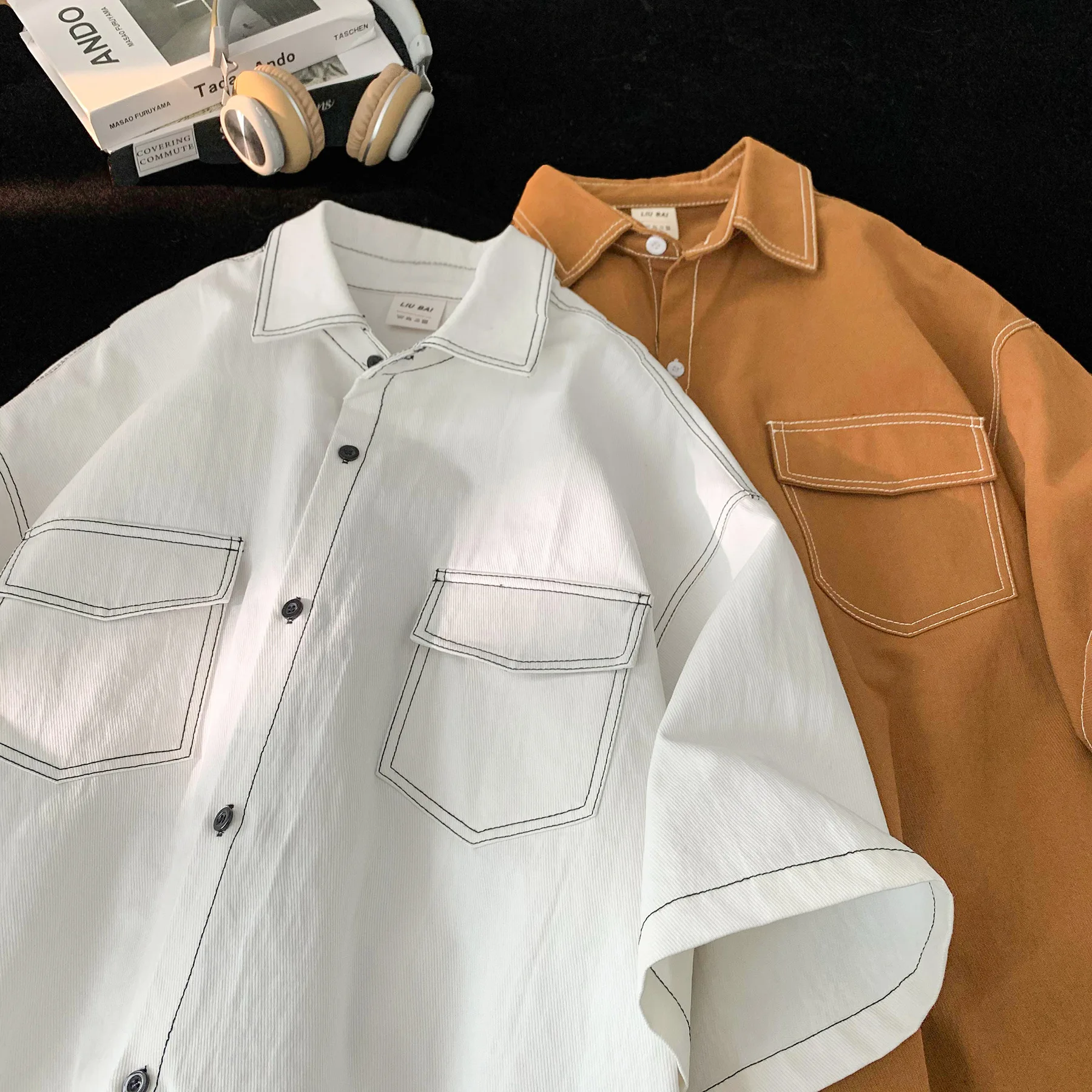 Japanese Style Retro Short-Sleeved  Shirt Men's Thickened Fleece Lined Special Wide Fit Autumn Season Fashion Desi