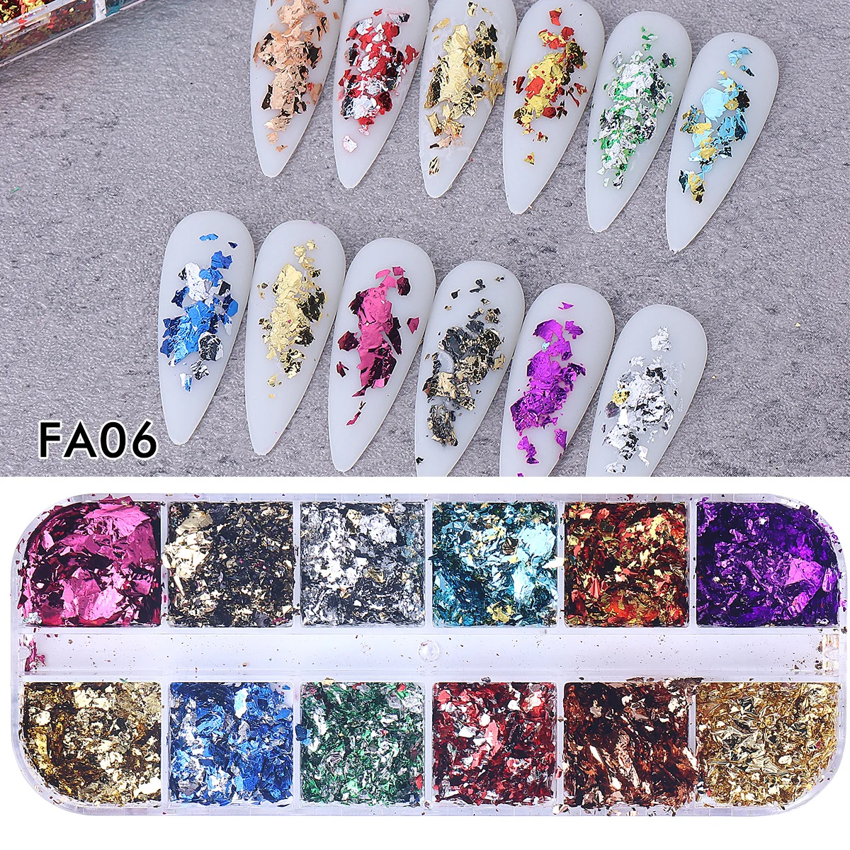 

12 Grids Double Color Gold Foils Gorgeous Nail Glitter Sparkles Irregular Random Aluminum Flake Paillette Chip Design Decoration Mermaid Nail Nails Accessories Glow in The Dark Paint