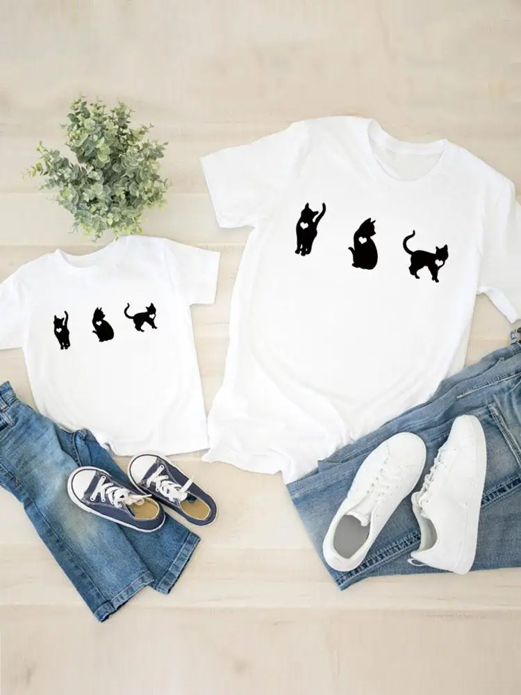 

Women Child Kid Clothing Print Love Cat Style Print Graphic T-shirt Tee Boy Girl Summer Mom Mama Clothes Family Matching Outfits