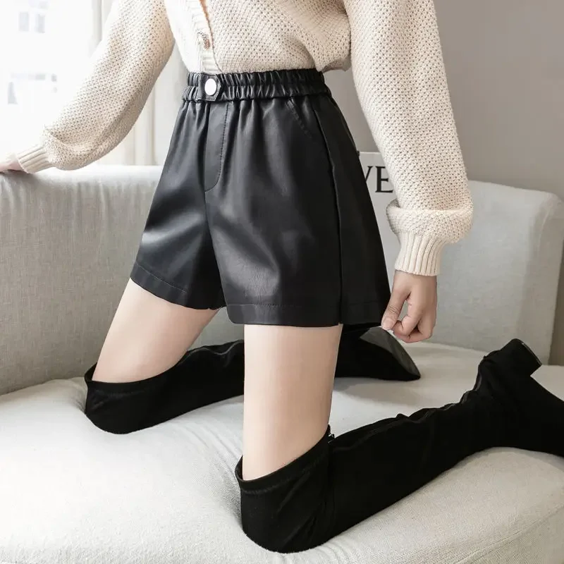 

Shorts Women PU Leather Suit Shorts Women Autumn And Winter Loose High Waist A- Line Elastic Waist Pants Ropa Mujer