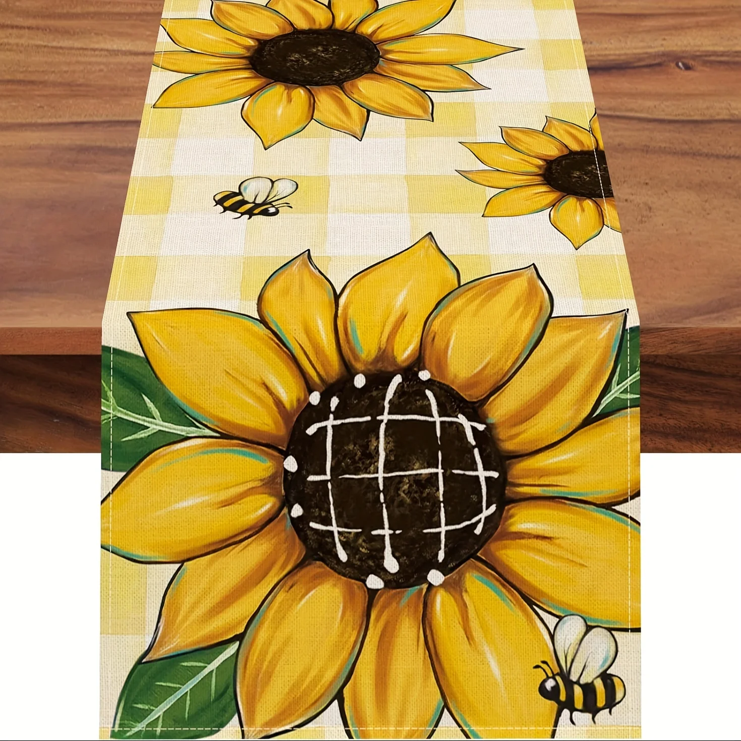 Rustikaler Bauernhaus-Aquarell-Sonnenblumen-Tischläufer – Büffelkaro-Frühlingsdekoration für den Esstisch in der Küche