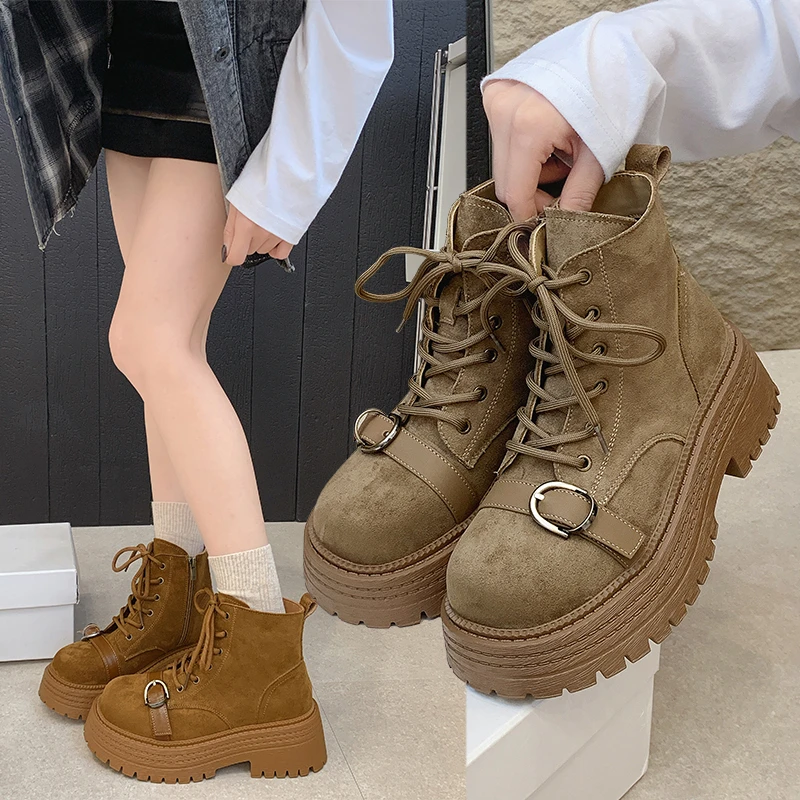 Women Suede Platform Ankle Boots Buckle Decor Round Toe Thick‑Sole Vintage Casual Short Boots Outdoor Walking Ladies Footwear