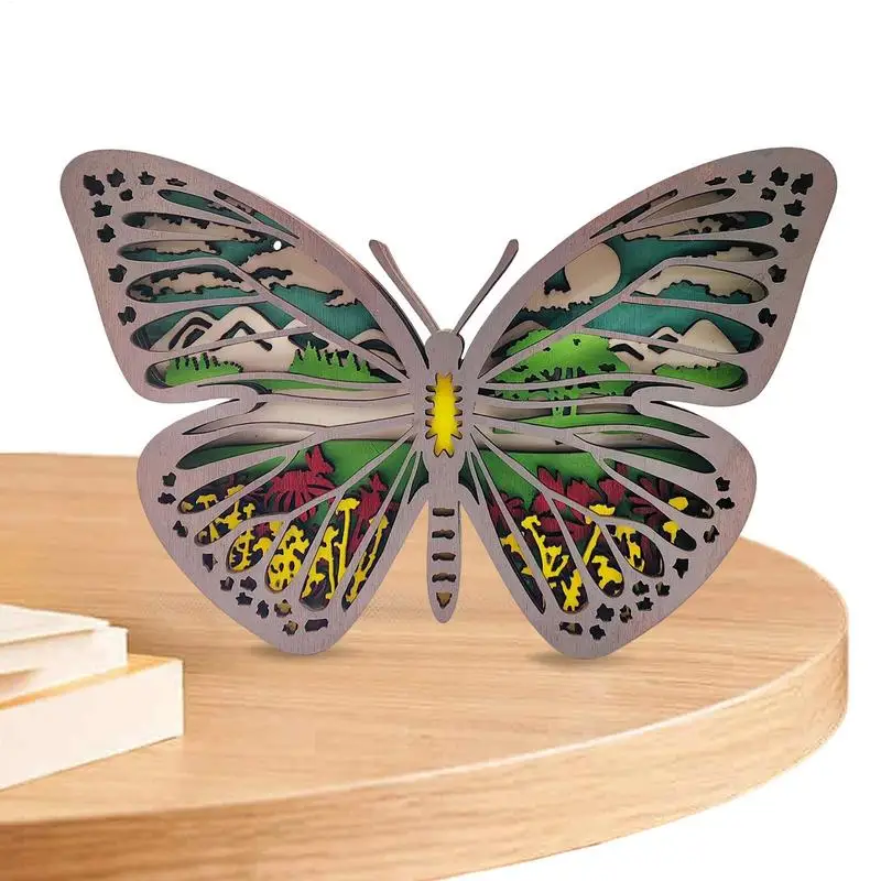 Butterfly Wood Carving Three-Dimensional Animals Carving With Light Multi-Layer Hollow Out Cabin Decor Wall Art For Indoor