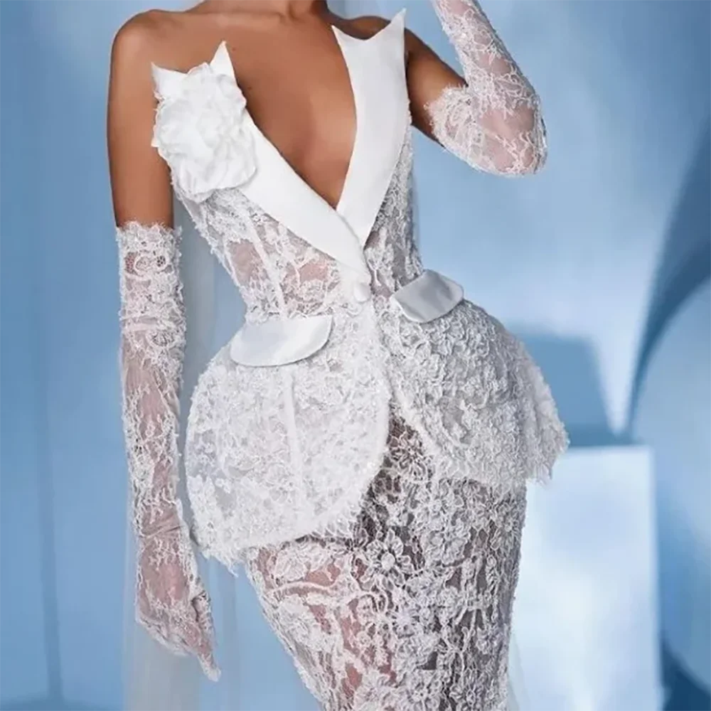 رائعة الخامس الرقبة يزين أكمام الديكور حورية البحر فساتين زفاف العروس أثواب الزفاف حسب الطلب