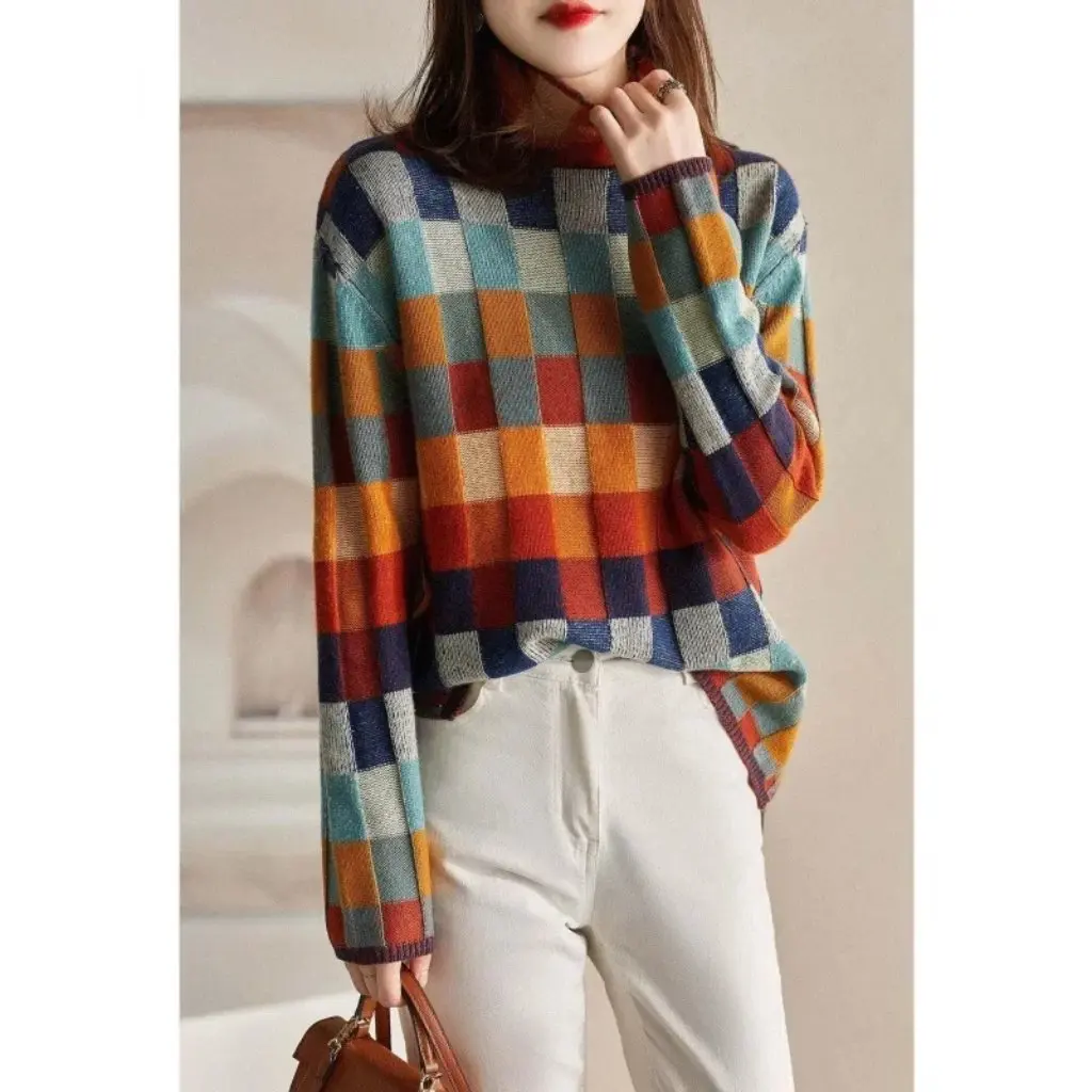 Maglione scozzese lavorato a maglia in cashmere da donna collo alto a scacchiera pigro vestibilità slim per l'inverno stile coreano giapponese