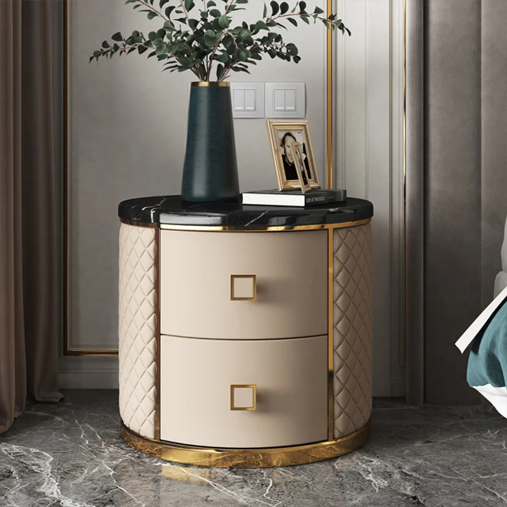 Luxury Bedroom Furniture Round Wooden Night Stand Leather Bedside Table White Nightstand With 2 Drawers
