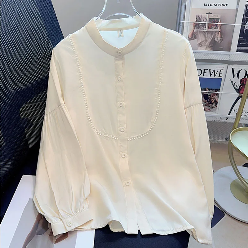 

Women Shirt Blouse New Long Sleeve Stand Collar Elegant Solid Shirt Blouse Women Tops Blouses Shirts Blusas Para Mujer 2025 Q616