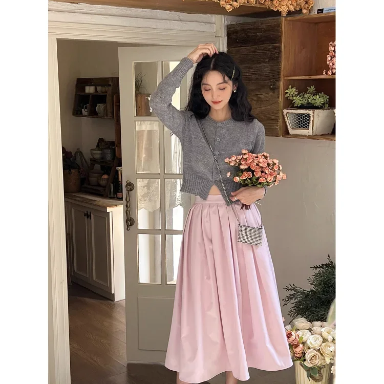 Korobov Pink Half Skirt Female Summer Pleated Shaggy Skirts Gentle A-line Skirt High Waist Large Swing Vintage Fashion Faldas