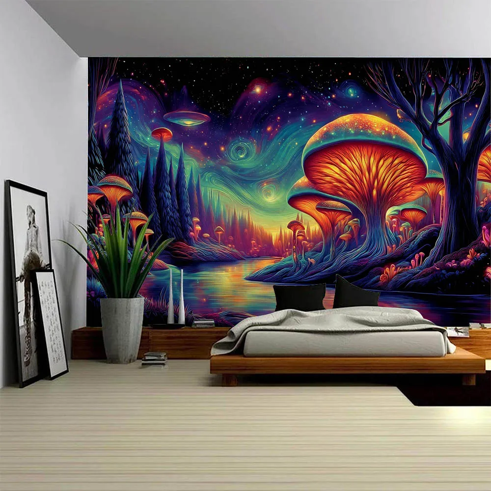 Fairy Tale Mushroom Forest Tapestry, psychedelic Scene Home Decoration Wall Hanging Cloth, Dormitory Studio Background Poster