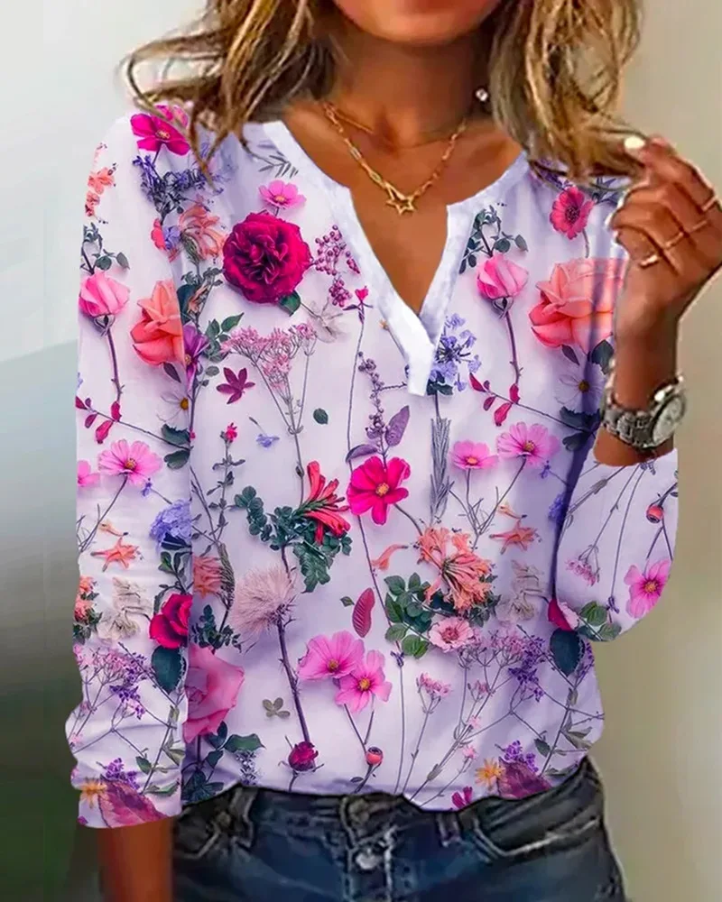 Summer Flower Printed Long Sleeved T-shirt Women\'s Loose Elegant Tops V-neck  Office Lady Vacation Beach Casual Sweet Blouse