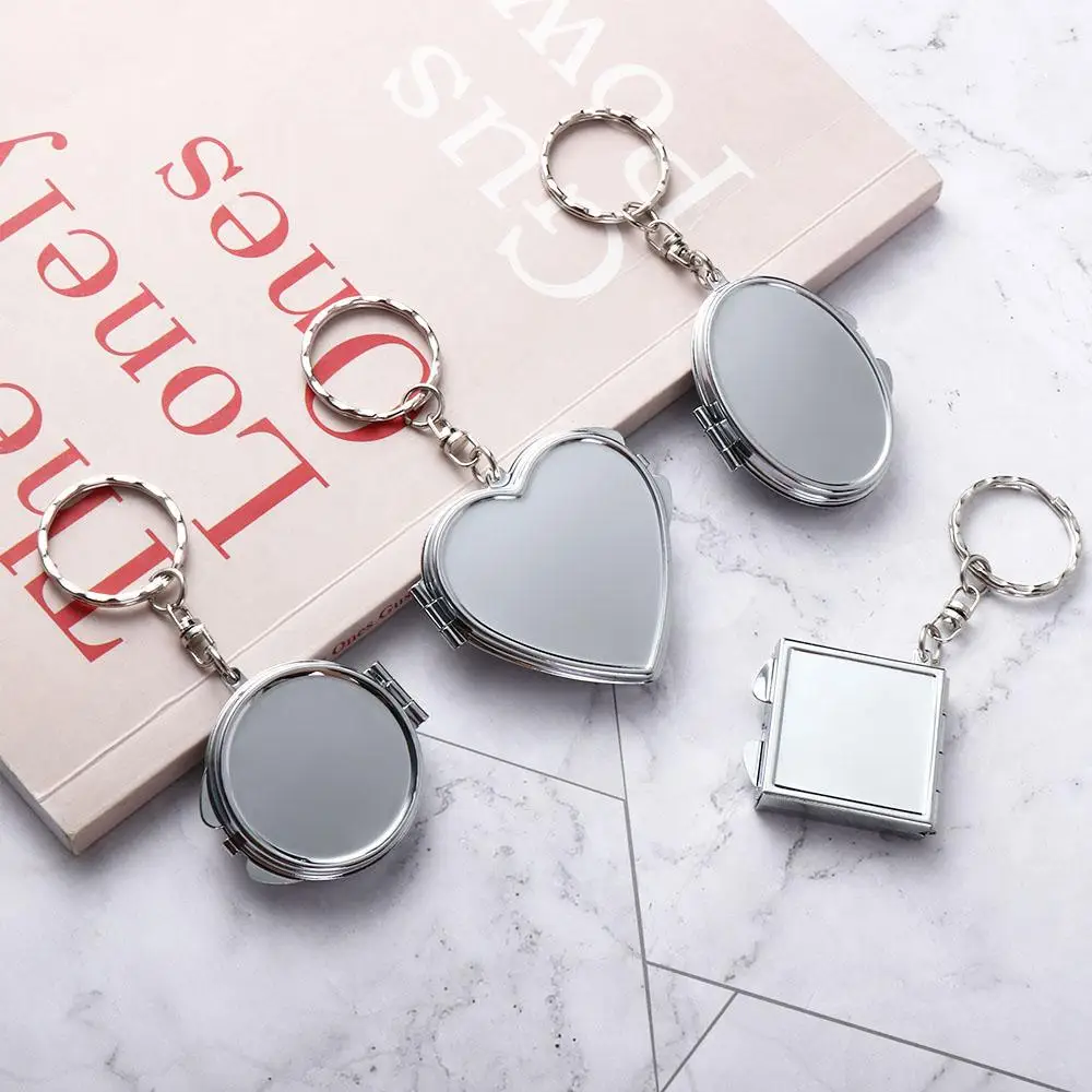 Makeup Mirror Folding Mirror Key Chain Metal with Key Ring Makeup Cosmetic Mirror Key Ring Double Sides Oval Sqaure Shape