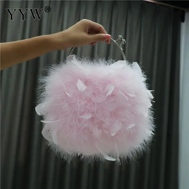 Trendy Designer Female Fur Top Handle Women\'S Bag Luxury Ostrich Feather Crossbody Purses Chain Evening Party Clutch Handbag