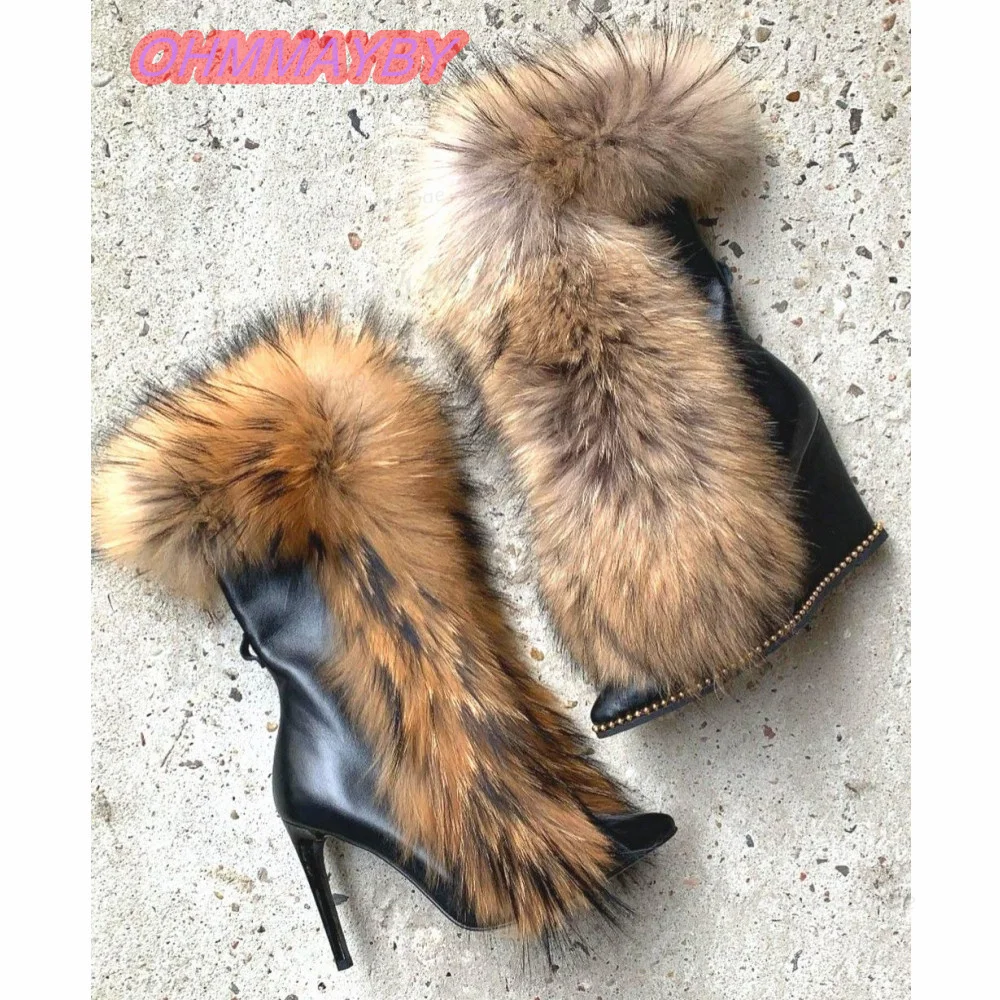 Women Beige Wedge Heel Ankle Boots Faux Fur Trim Double Buckle Strap Pointed Toe Studded Winter Fashion Chic Party Shoes Warm 46