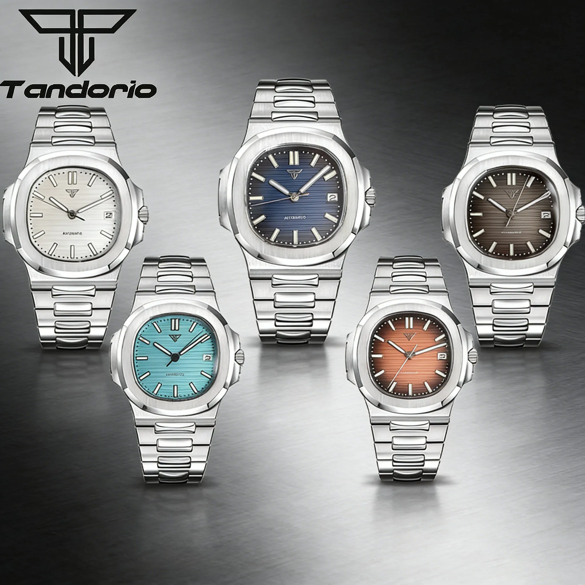 New Tandorio 40mm Stainless Steel Square Sapphire Glass 10BAR Luminous Dial NH35A Automatic Movement Men Watch Silver Bracelet