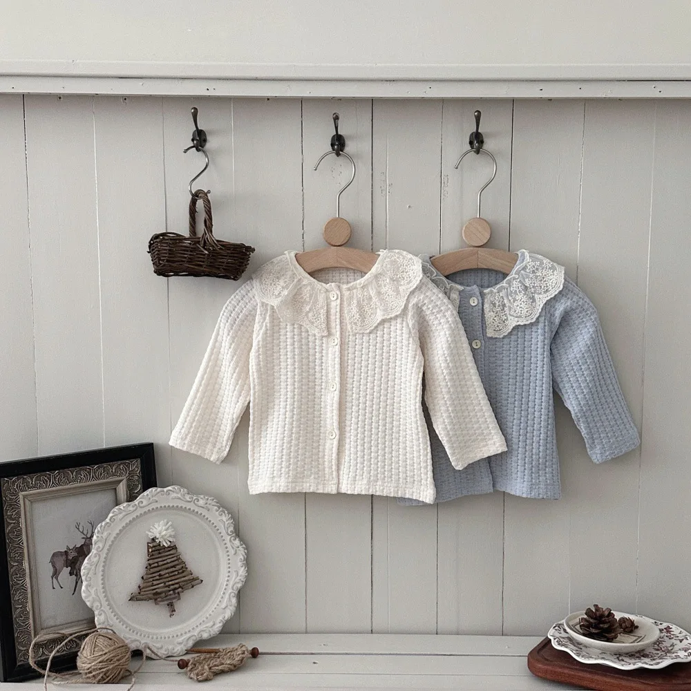 2026 Autumn Outerwear Baby Girls Long Sleeve Cardigan Korean Lace Collar Single-breasted Toddler Cotton Jackets Casual Coats