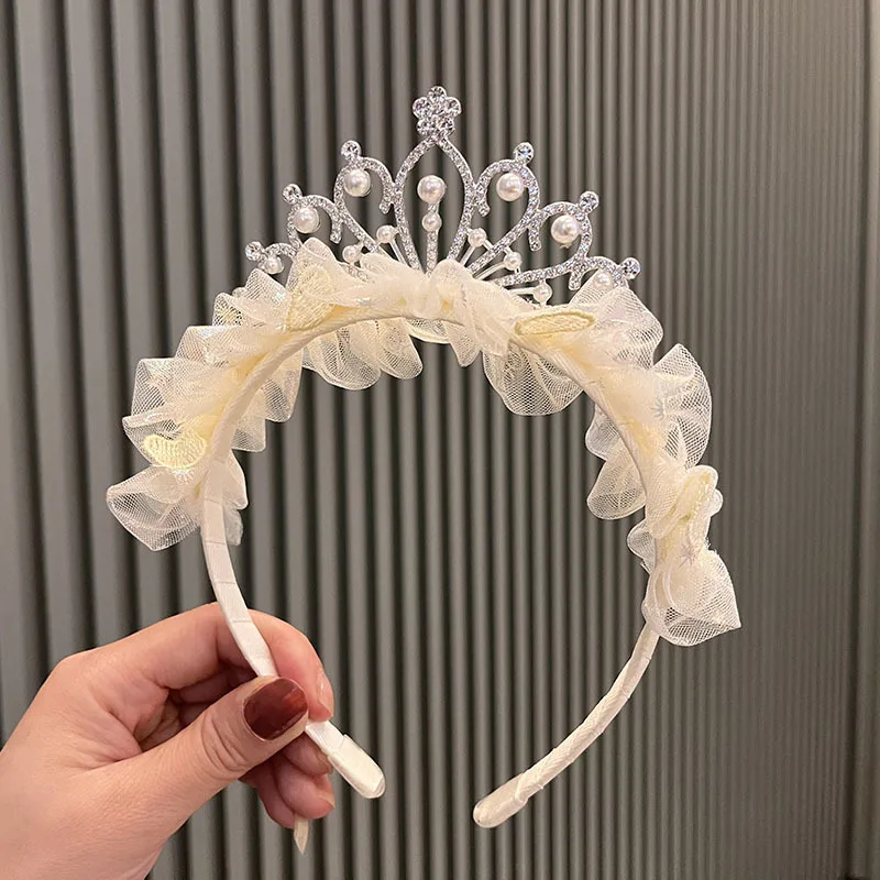 

Детская сетчатая повязка на голову с бантом, в стиле принцессы, с жемчугом, плиссированная, с кружевной вышивкой, заколка для волос