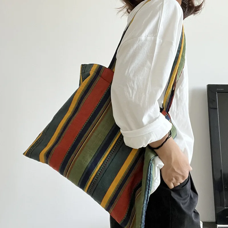 Vintage Color Rainbow Stripes Shoulder Bag Handbag Eco Reusable Capacity Girl Shopping Thin Cloth Bag Women Outdoor Travel Tote