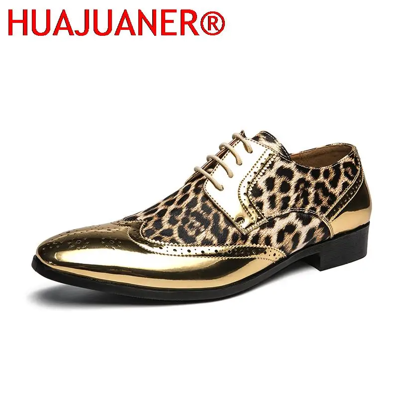 

Fashion Golden silver Vintage Men Shoes Leopard Print Formal Dress Casual Leather Shoes Business Wedding Oxford Shoes For Men