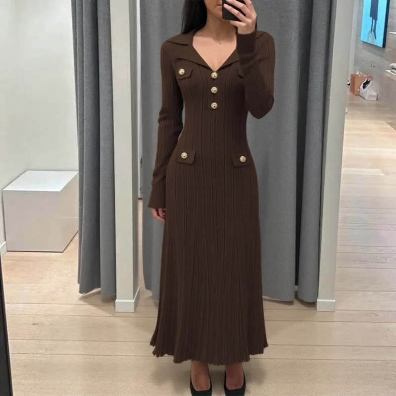 

Socialite Elegant Knitted Long Dress Fashion Solid Color Button Lapel Long Sleeve Slim Maxi Dresses Lady Knitwear Vestidos 2025