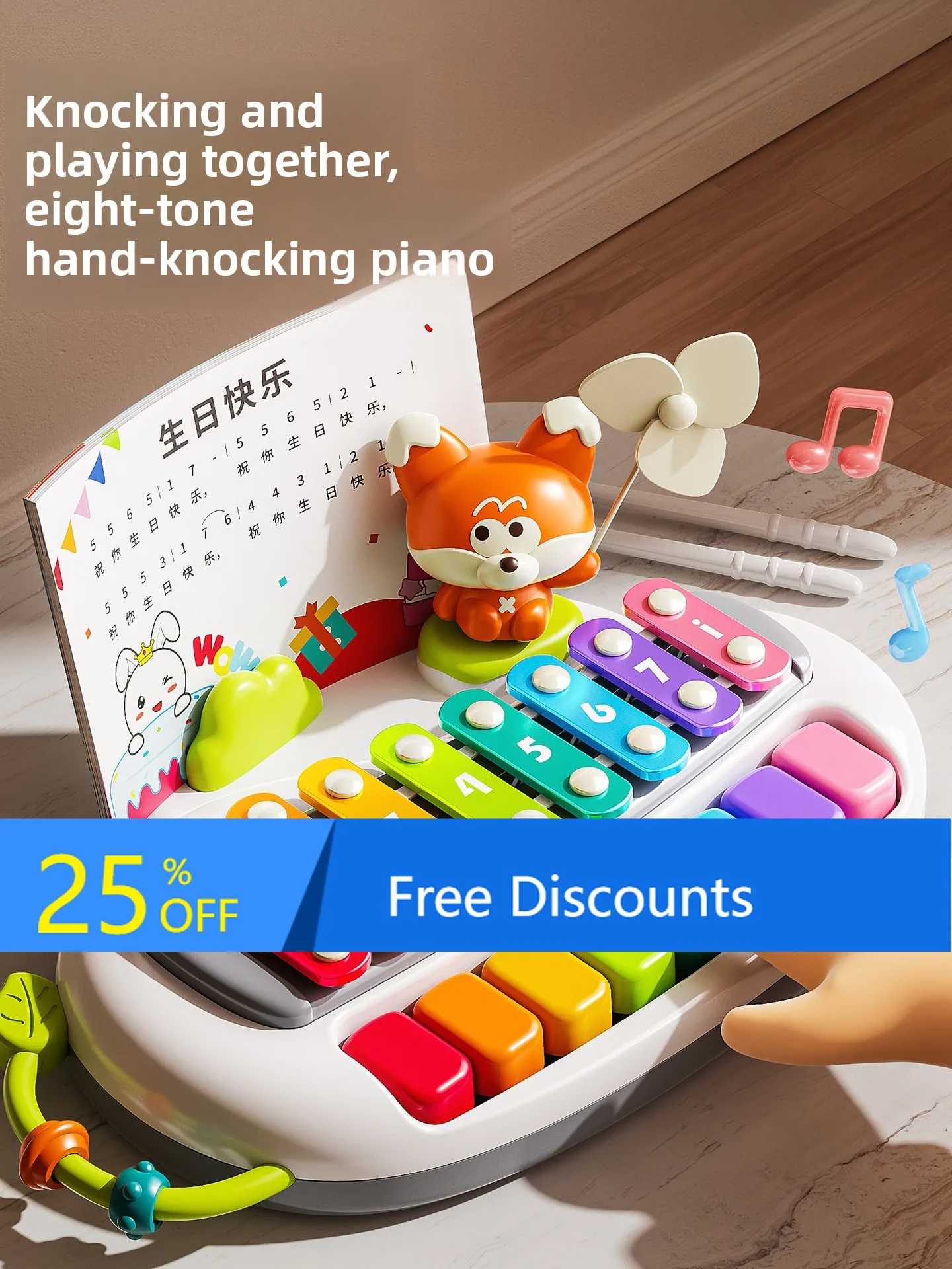 Pianoforte a percussione a otto toni Giocattolo per bambini Pianoforte educativo in legno Pianoforte a percussione a mano per bambini Strumento musicale 2 in 1