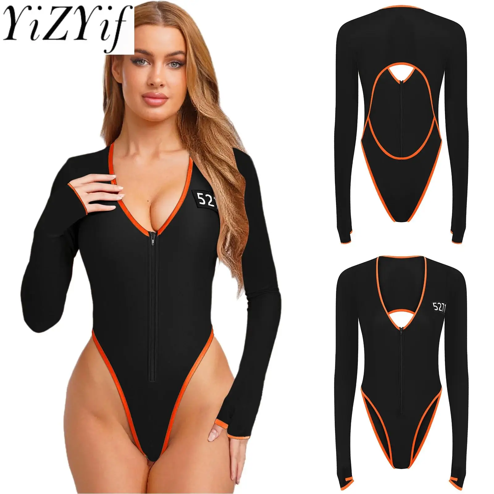 

Women Halloween Jail Prisoner Cosplay Bodysuits Long Sleeve High Cut Convict Orange Jumpsuit for Themed Party Carnival Festival