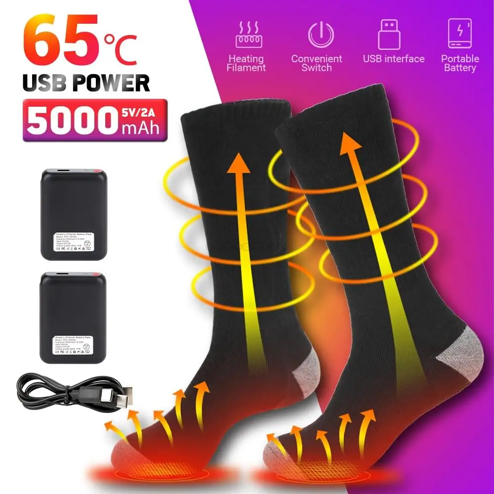 65 ℃ Ski Verwarmde Sokken Winter Warmte 5000Mah Usb Oplaadbare Verwarming Sokken Fietsen Outdoor Verwarmde Laarzen Sneeuwscooter Ski Sok