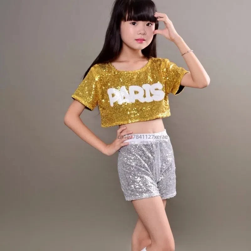 Traje de dança jazz infantil, calças com lantejoulas e meias, conjunto de torcida, hip-hop, performance, meninas, dança de rua