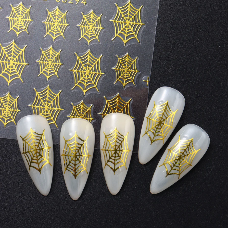 Y2K Sparkly Silver Spider Web adesivi per unghie oro Chrome ragnatela decalcomanie per unghie simpatici disegni di Halloween Manicure con cursore adesivo