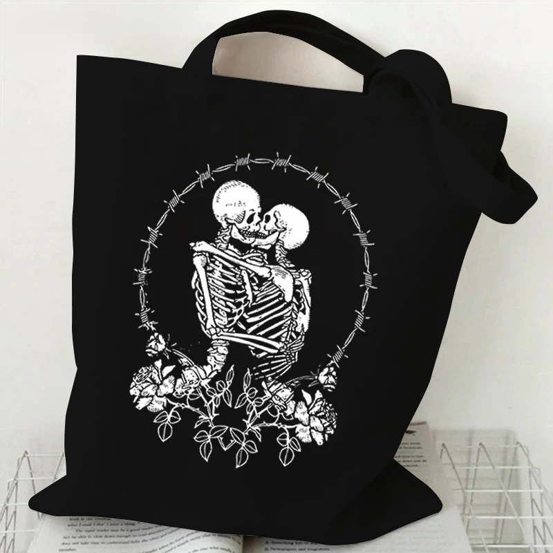 Women Vintage Skull Print Shoulder Bag Harajuku Gothic Skeleton Canvas Tote Bags Men Reusable Shopping Bag Fashion Lady Handbags