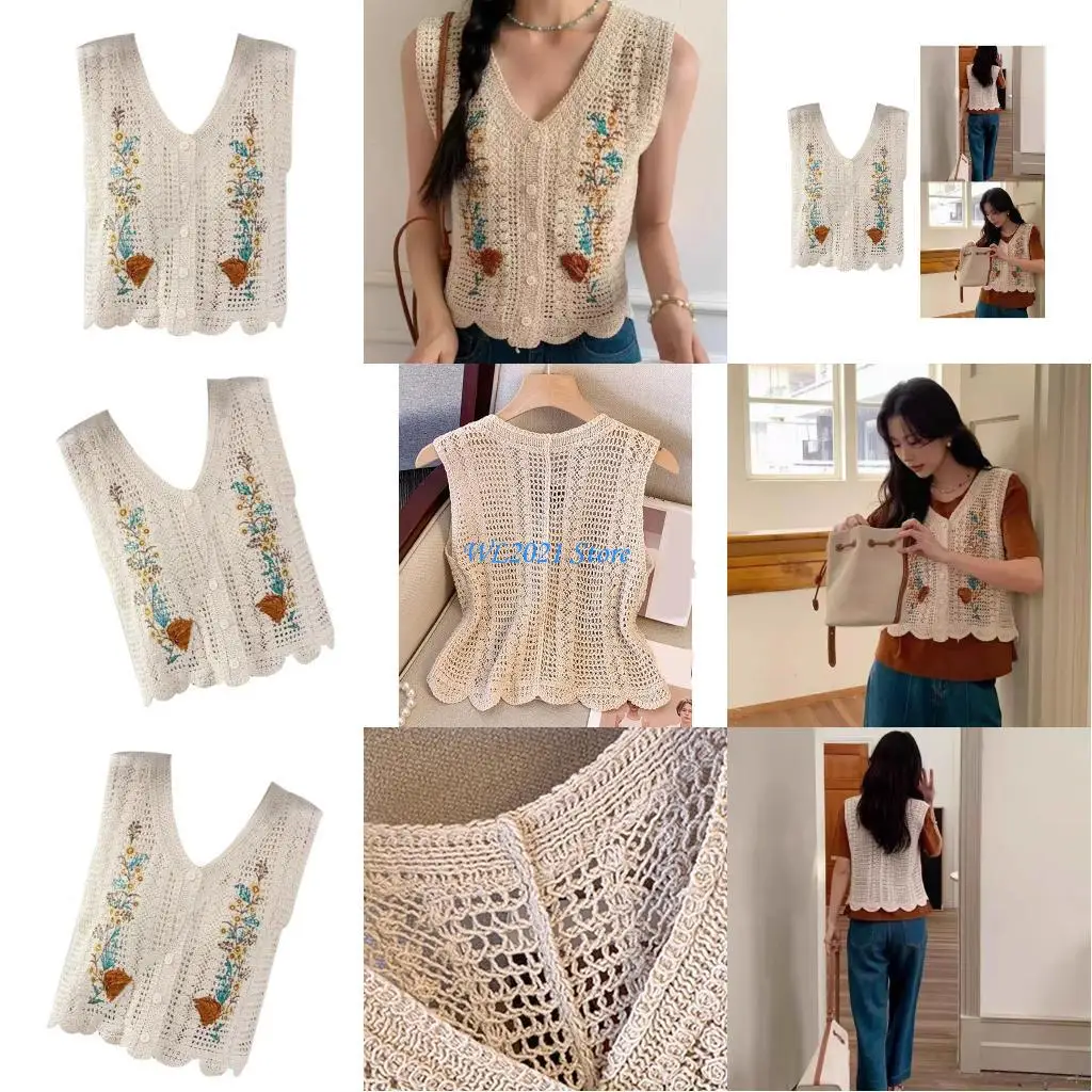 

G5GC Hollow Out Crochet Knit Vest Top for Women Cassual Button Down V Neck Crop Top Sleeveless Sweater Cardigan Streetwear