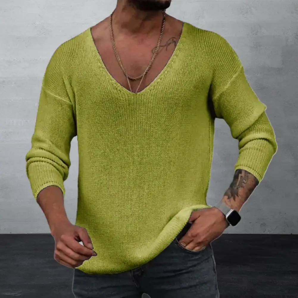 

Men 2023 Spring V Neck Rib Bottoming T-shirts Pullover Autumn Long Sleeve Slim Fit Tees Tops Simple Casual Plain Thin Knit Shirt