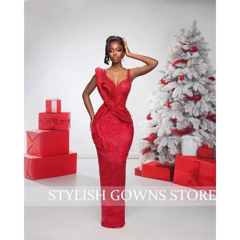 

New Red Aso Ebi Luxury Evening Dresses 2025 Beads Crystals Mermaid Cocktail Party Gown African Wedding Recption Customized