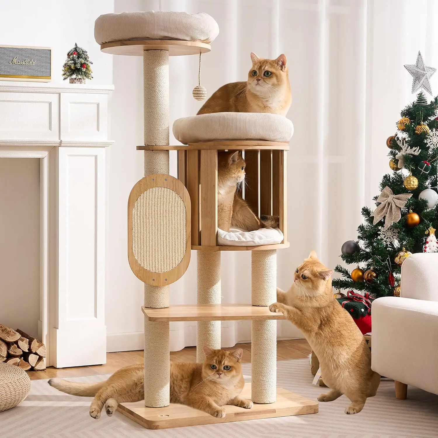 

Multi Level Solid Wood Cat Tree For Large Indoor Adult Cats Sisal Scratching Posts Cardboard Scratcher Cozy Bed Cave Condo Furni