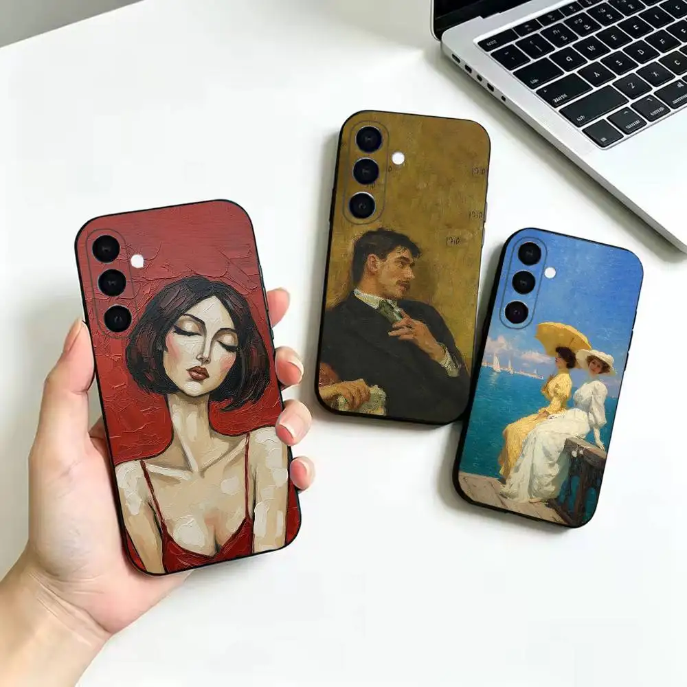Vintage Oil Paint Figure Soft Black Cover, Fit for Samsung Galaxy A02S,A12,A22,A32,A42,A52,A21S,A31,A41,A51,A71,A72,A73,A30S